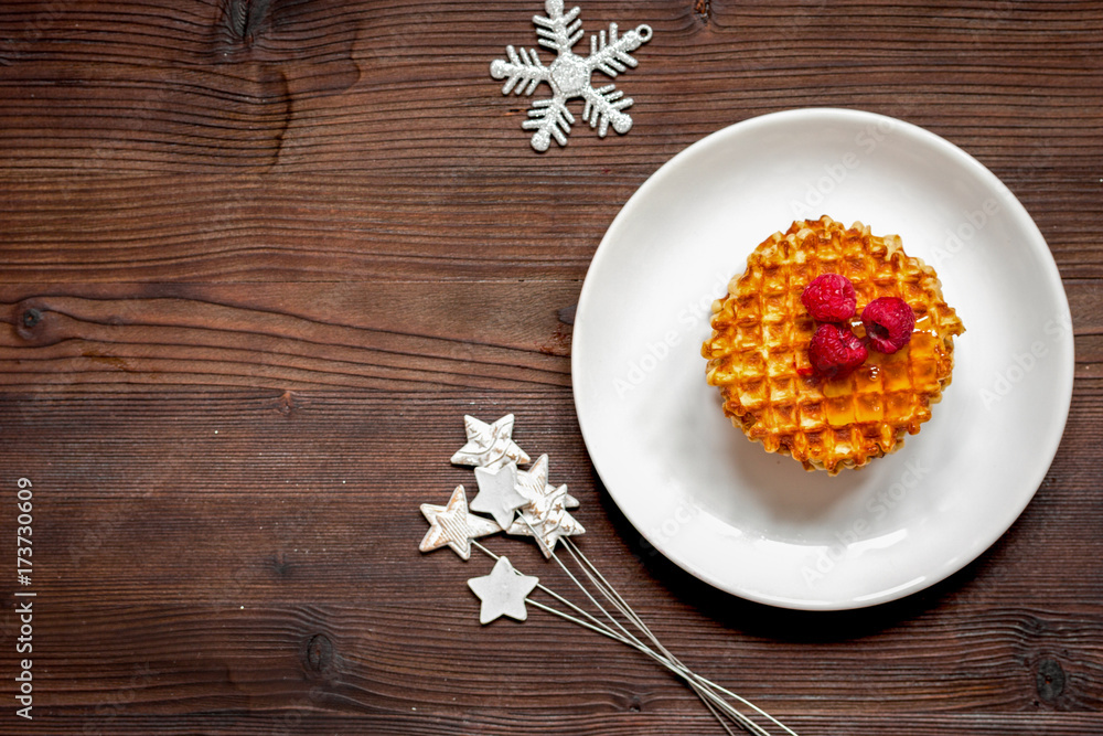 Christmas breakfast with waffles top view Christmas breakfast with waffles top view