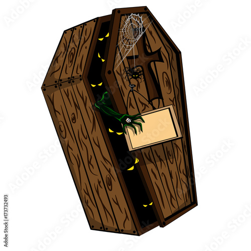A cartoon wooden coffin for the holiday of the halloween with a zombie hand and a sign on which you can write whatever you want. Vector Illustraion.