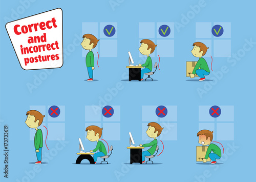 Fun cartoon boy sitting, working and lifting heavy things