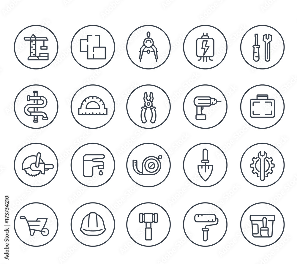 Fototapeta premium construction and house renovation line icons on white