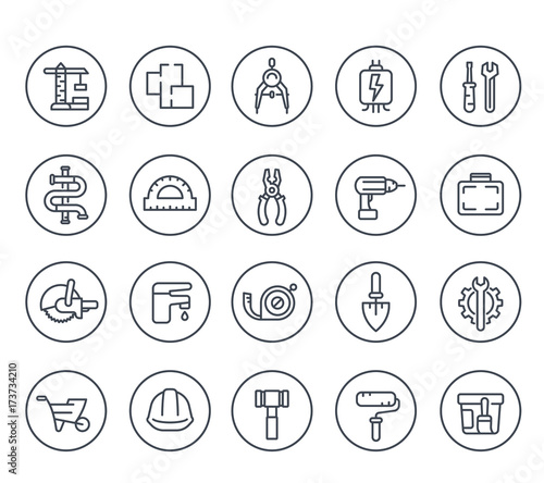 construction and house renovation line icons on white