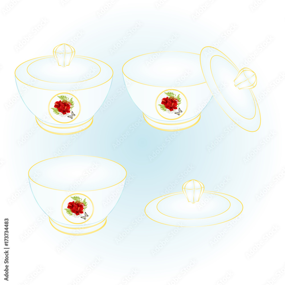 Sugar bowl of porcelain red hibiscus and butterfly vintage vector illustration editable hand draw Sugar bowl of porcelain red hibiscus and butterfly vintage vector illustration editable hand draw