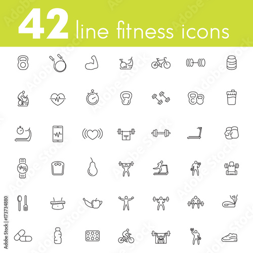 Fitness, workout, gym icons pack, 42 line pictograms isolated on white