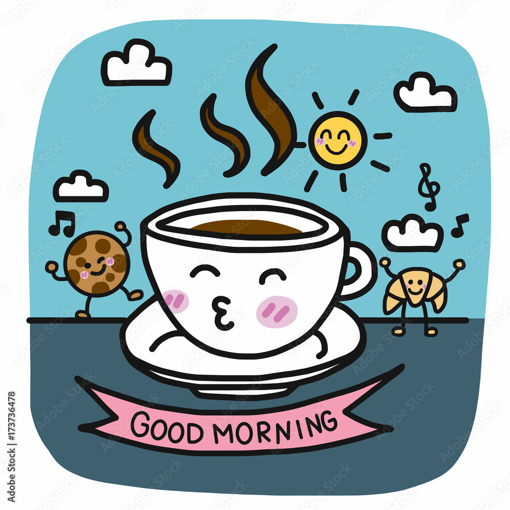 Good morning coffee cup and breakfast friend cartoon vector illustration  doodle style Stock Vector | Adobe Stock