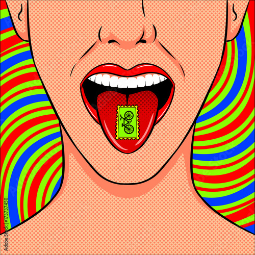 Stamp with LSD drug on tongue pop art vector photo