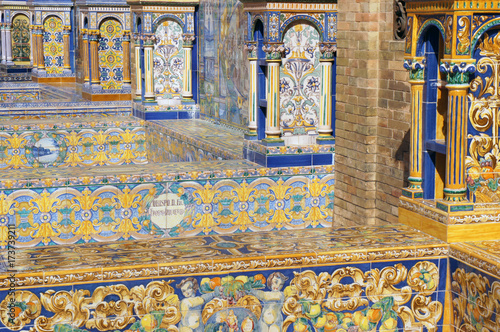 Detail of mosaic on Spain Square (Plaza de Espana) in Seville (Sevilla), blue and yellow tiles