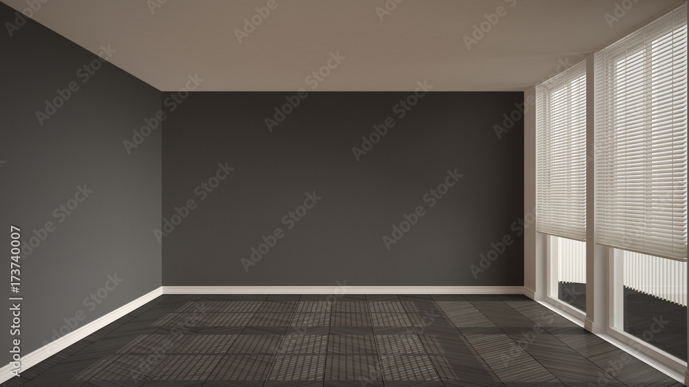 Fototapeta premium Empty room with big panoramic window, gray walls and wooden floor. Renovation concept, architecture interior design.