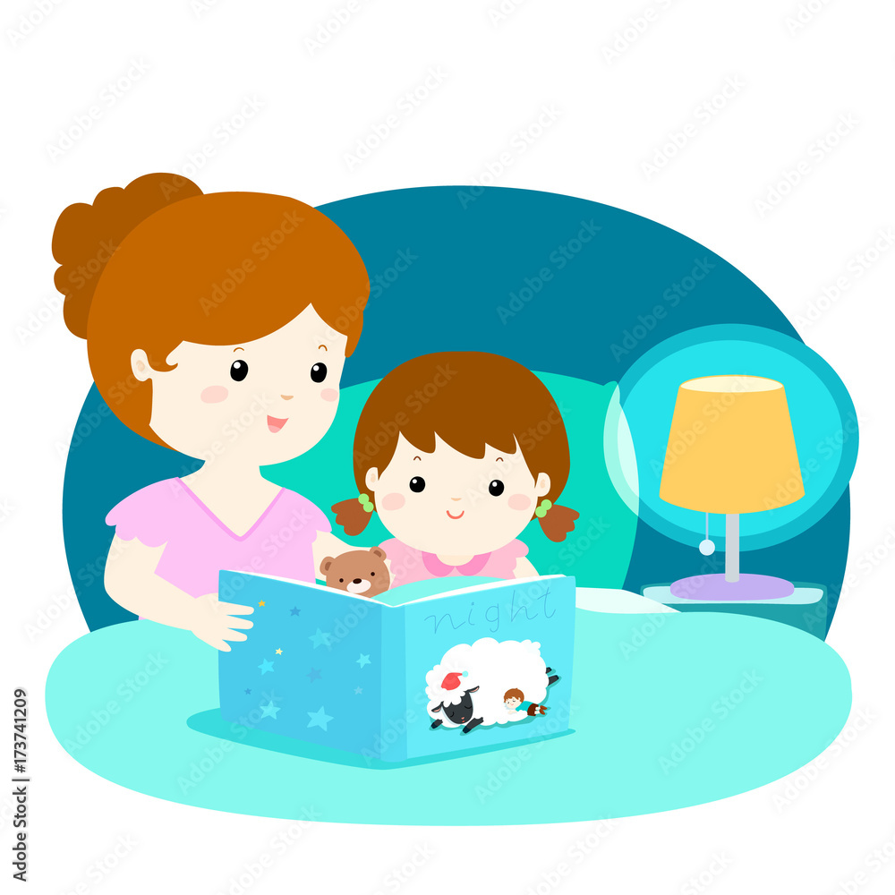 A vector illustration of a mother reading a bedtime story to her daughter.. A vector illustration of a mother reading a bedtime story to her daughter..