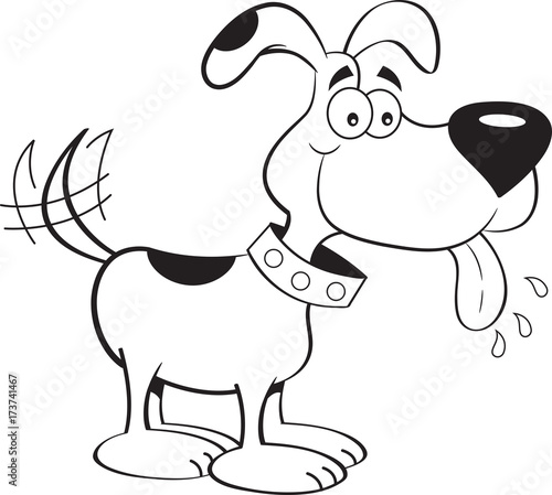 Black and white illustration of a dog with it's tongue out.