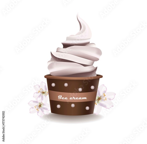 Chocolate cupcake with vanilla frosting. Vector realistic dessert