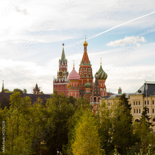 Saint Basil's Cathedral and Kremlin. View from Zaryadye Park. Moscow, Russia.