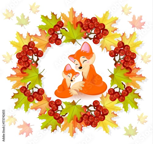 Cute foxes cartoon character. Vector autumn seasonal card