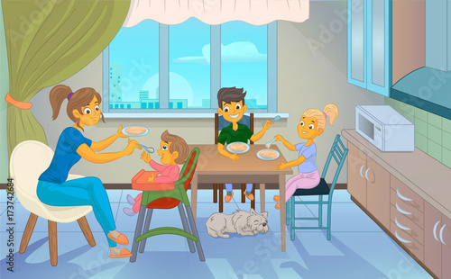 babysitter feeding kid in kitchen