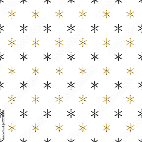 Christmas New Year seamless pattern with snowflakes. Holiday background. Gold snowflakes. Xmas winter decoration. Golden texture. Hand drawn vector illustration. Snow pattern. Wrapping gift paper.