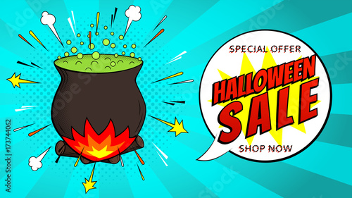 Halloween Sale Web Banner with Witch Cauldron. Holiday blue Card with Seasonal Offer. Vector Illustration in Pop Art Style.