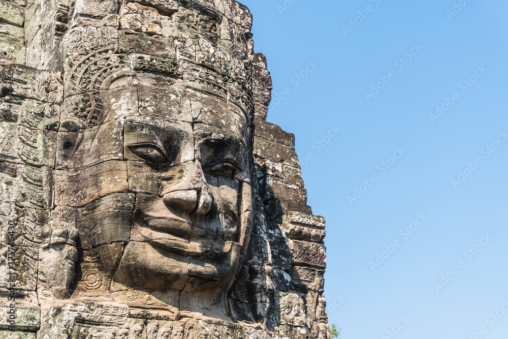 Smile face stone at bayon temple in angkor thom siem reap cambodia