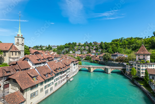 View of the Old City of Bern with the bridge Untertorbryukke over Aare river, Berne, Switzerland