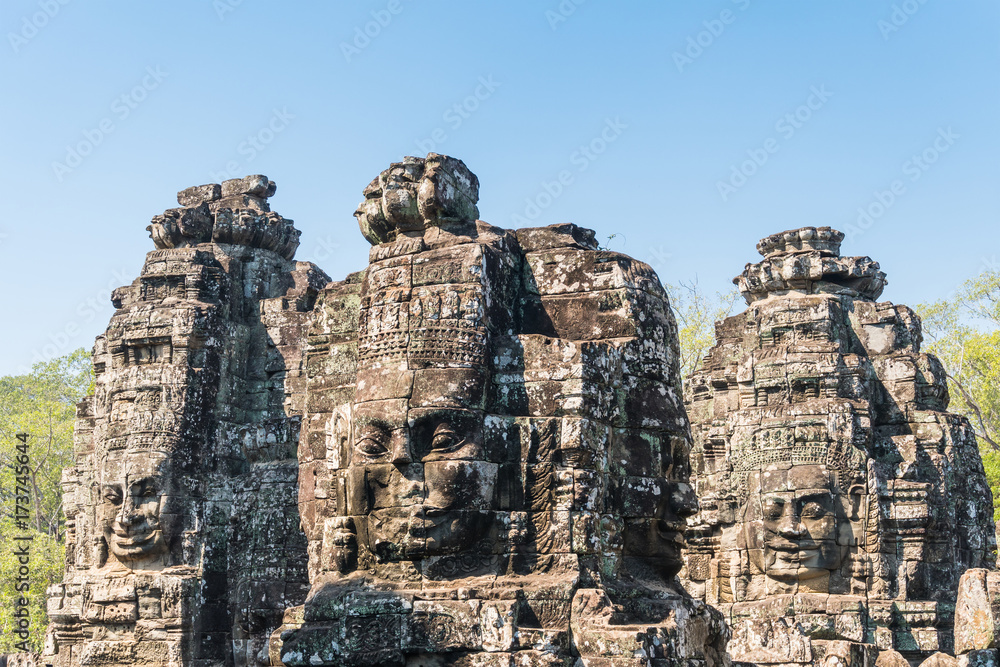 Smile face stone at bayon temple in angkor thom siem reap cambodia
