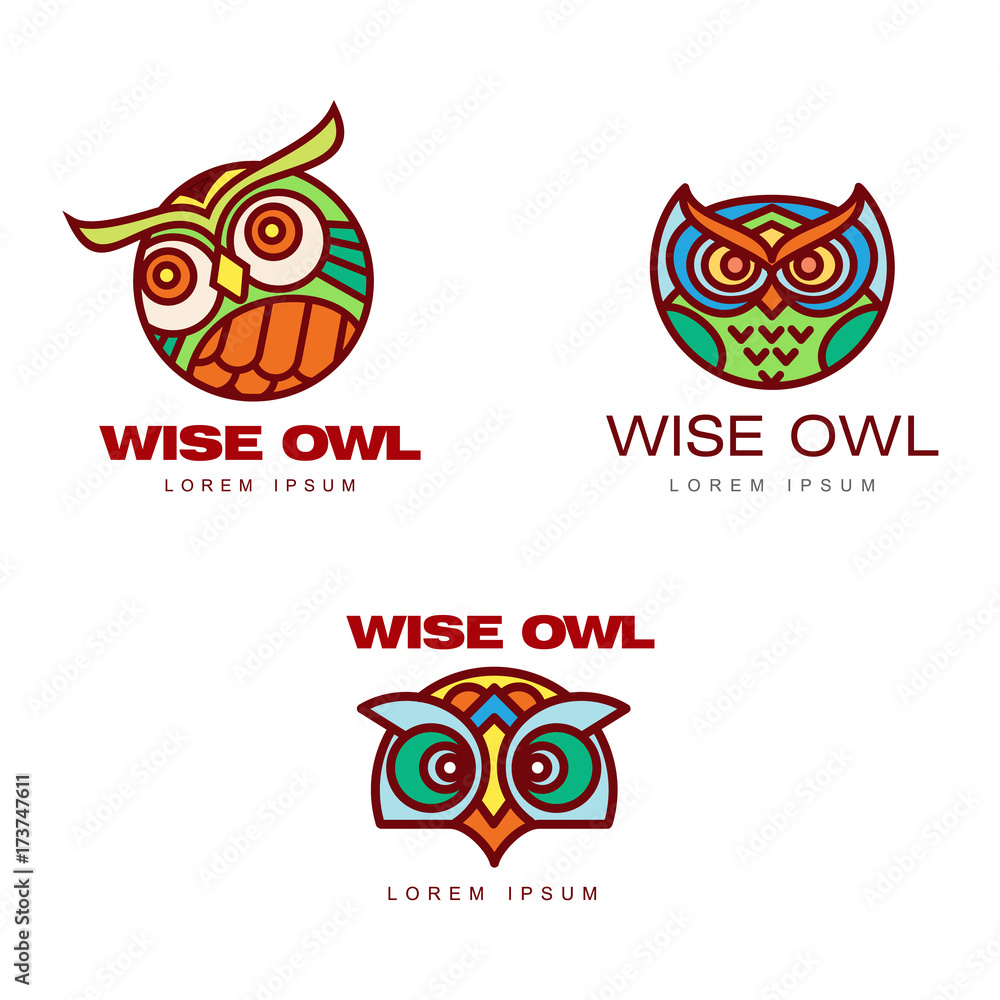 Set of logo, logotype templates with owl heads, vector illustration isolated on white background. Multicolored owl head logo, logotype, badge templates for companies, schools and colleges
