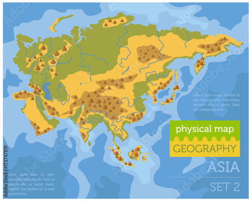 Flat Asia physical map constructor elements on the water surface. Build your own geography infographics collection