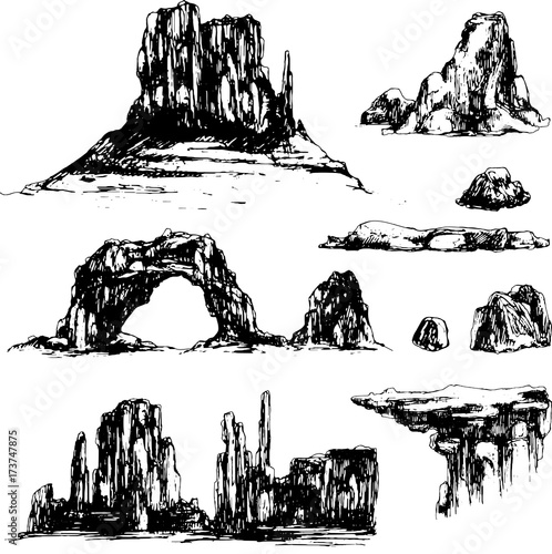hand drawn vector set with canyon and stones of wild west and america. cowboy and vintage theme