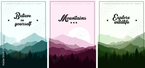 hand drawn vector nature illustration with mountains and forest on first view. silhouette landscape. using for travel and nature background and card