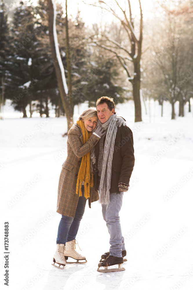 Fototapeta premium Senior couple in sunny winter nature ice skating, hugging.