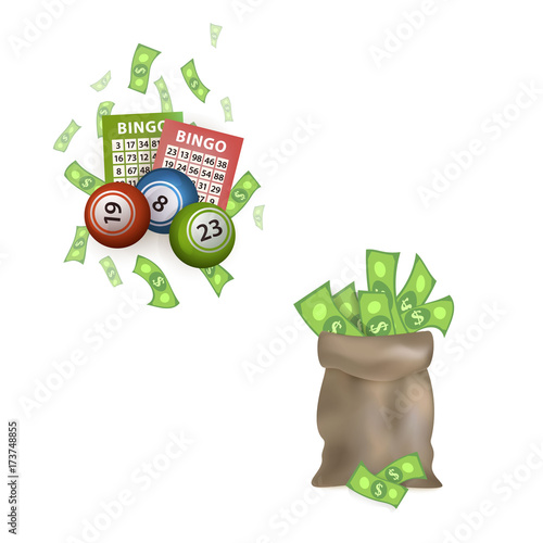 vector flat bingo cartoon lottery tickets, lotto keno jackpot number balls and dollar money sack, bag set. Isolated illustration on a white background. Sign of profit, casino design poster