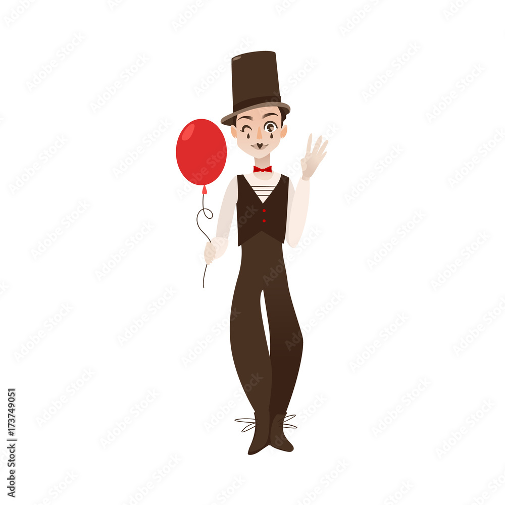 vector flat cartoon man clown in black and white suit, red bowtie top hat  holding air
