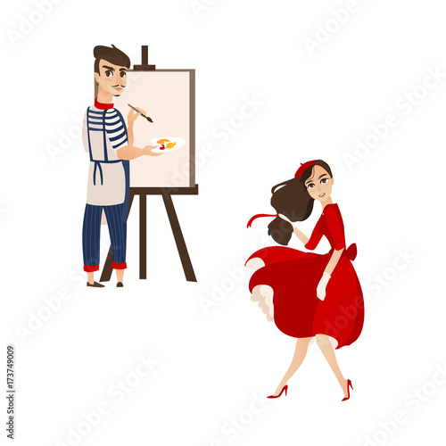 vector flat cartoon beautiful young woman in red felt beret, long dress smiling. French, parisian man artist painter drawing on easel canvas. Isolated illustration ona white background.