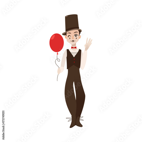 vector flat cartoon man clown in black and white suit, red bowtie top hat holding air balloon in hands. Artist, mime creative people from france concept. Isolated illustration on a white background.