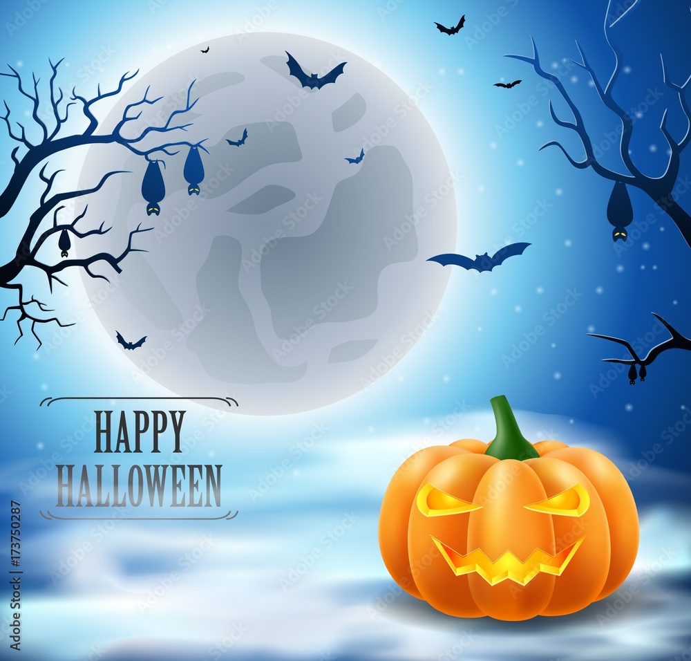 Halloween night with grinning pumpkins on blue background. Vector illustration