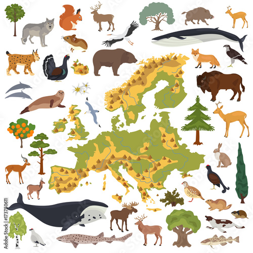 Flat European flora and fauna map constructor elements. Animals, birds and sea life isolated on white big set. Build your own geography infographics collection