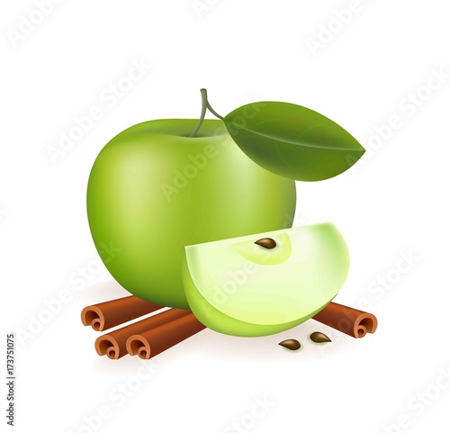 Apple and cinnamon on white background Vector realistic fruit