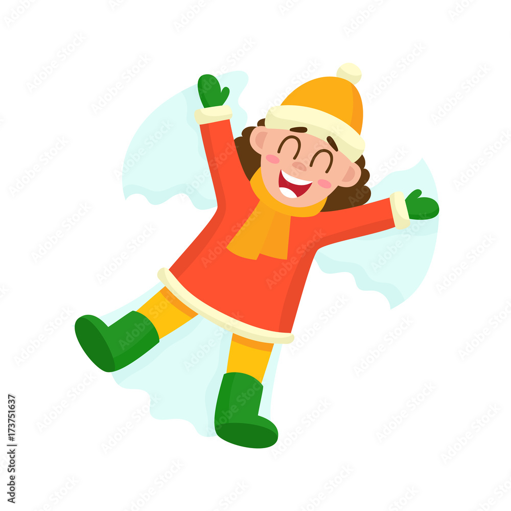 vector girl lying in the snow making snow angel. Flat cartoon isolated illustration on a white background. Kid having fun with snow outdoors. Winter children activity concept vector girl lying in the snow making snow angel. Flat cartoon isolated illustration on a white background. Kid having fun with snow outdoors. Winter children activity concept