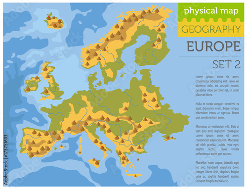 Flat Europe physical map constructor elements on the water surface. Build your own geography infographics collection