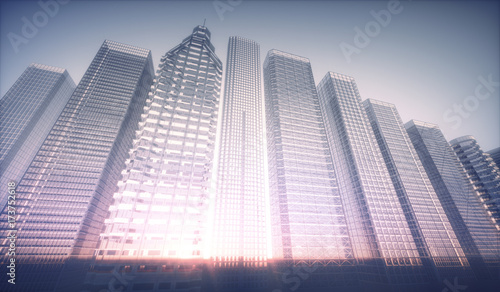 3D illustration. Futuristic conceptual image. Structures of buildings in glass with the sunset in the background.