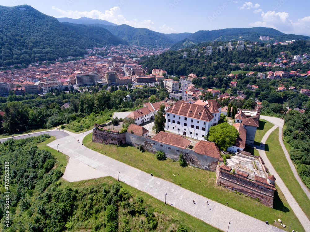 Brasov city and fortress aerial view