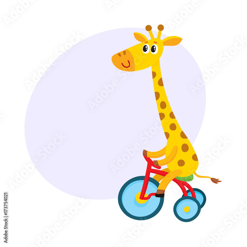 Cute little giraffe character riding bicycle, tricycle, cycling, cartoon vector illustration with space for text. Little baby giraffe animal character riding bike, bicycle, tricycle
