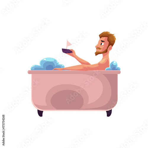 vector cartoon adult man with mustache and beard washing in bathtub, playing, launching boats. Cartoon male character relaxing, isolated illustration on a white background.