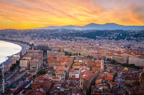 Sunset aerial view of Nice, Cote d'Azur, French Riviera, France