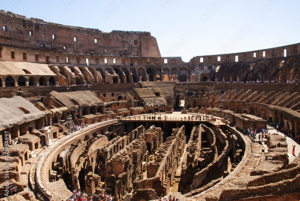 Inside the amphitheater of Coliseum in Rome- one of wonders of the world in the morning time.