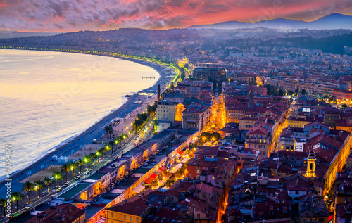 Night aerial view of Nice, Cote d'Azur, French Riviera, France