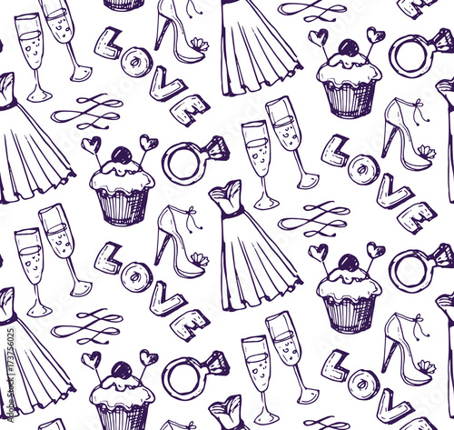 Hand drawn doodle Wedding collection. Vector illustration. Sketchy Marriage icons. Big set of icons for Wedding day, love and romantic events. 