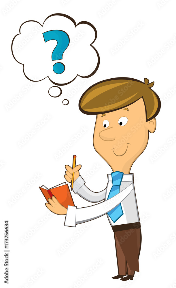 office cartoon clerk standing thinking and writing in notebook - illustration for children