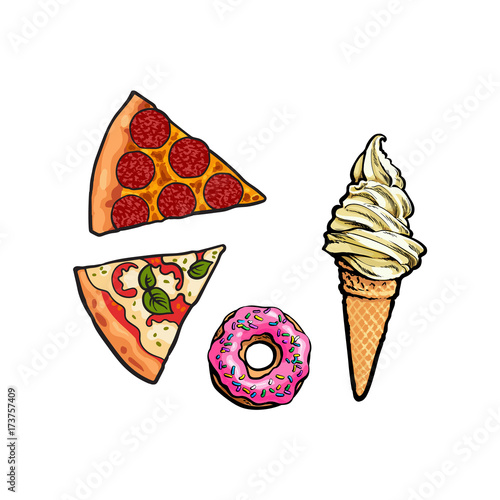 Vector flat pepperoni, margarita pizza slice, sweet doughnut with icing and waffle cone with cream. Fast food cartoon isolated illustration on a white background.