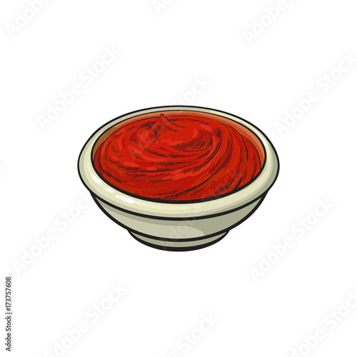 Tomato sauce, ketchup in ceramic bowl, hand drawn, sketch style vector illustration isolated on white background. Hand drawn bowl of home made tomato sauce, ketchup