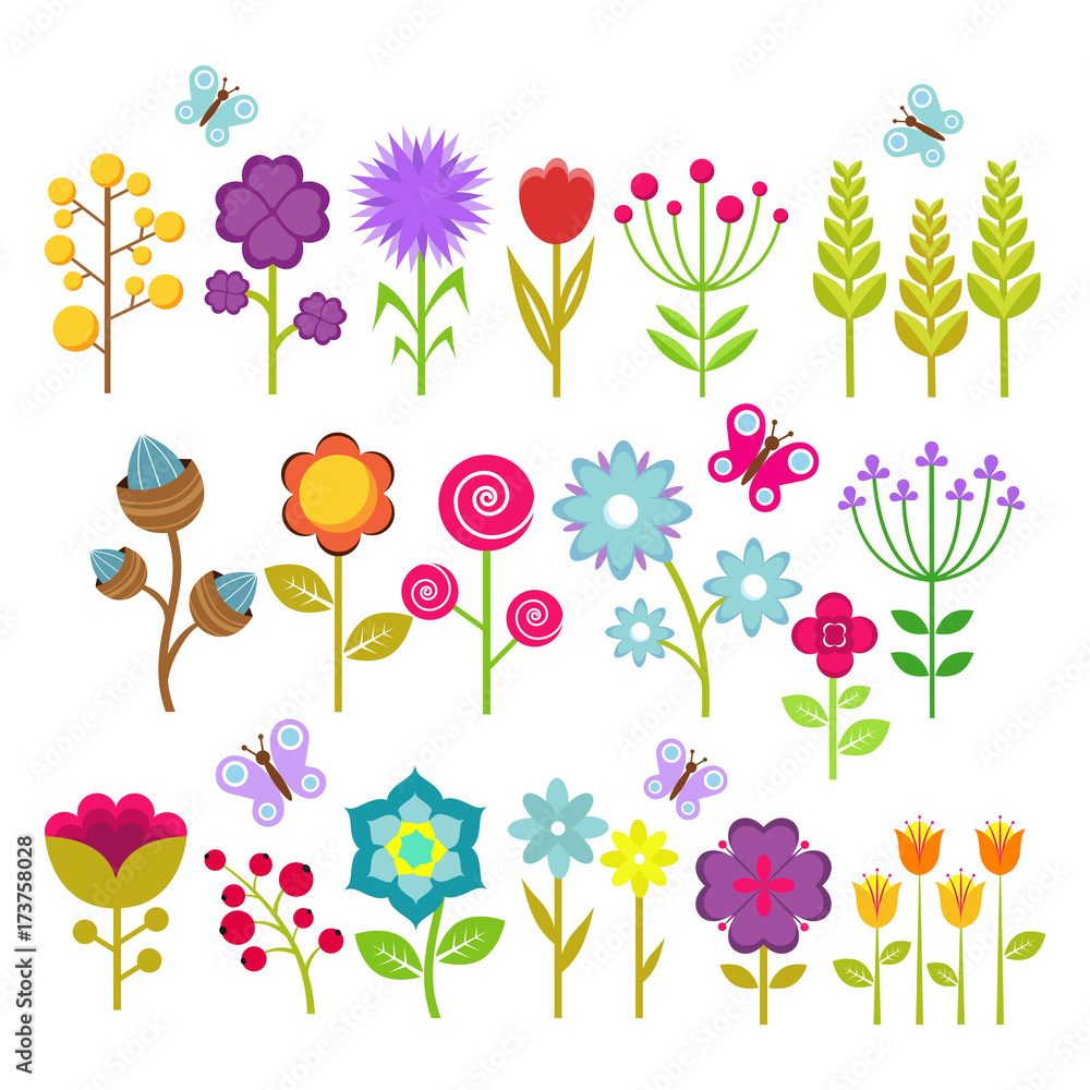 Obraz premium Summer flowers isolated vector collection. Cute floral elements for retro 70s design