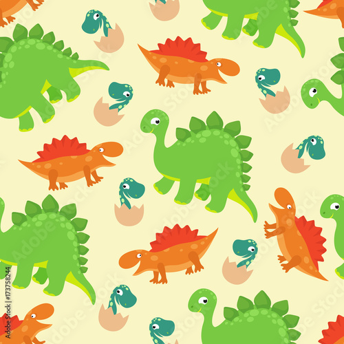 Cartoon baby dinosaur vector seamless pattern for girl fashion design