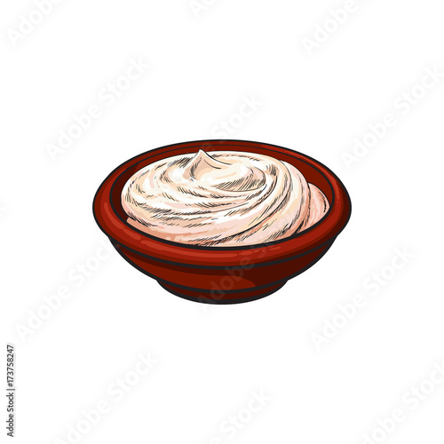 Vector sketch cartoon sour cream in ceramic brown pot or plate. Isolated illustration on a white background. Healthy food dairy products, natural dieting concept